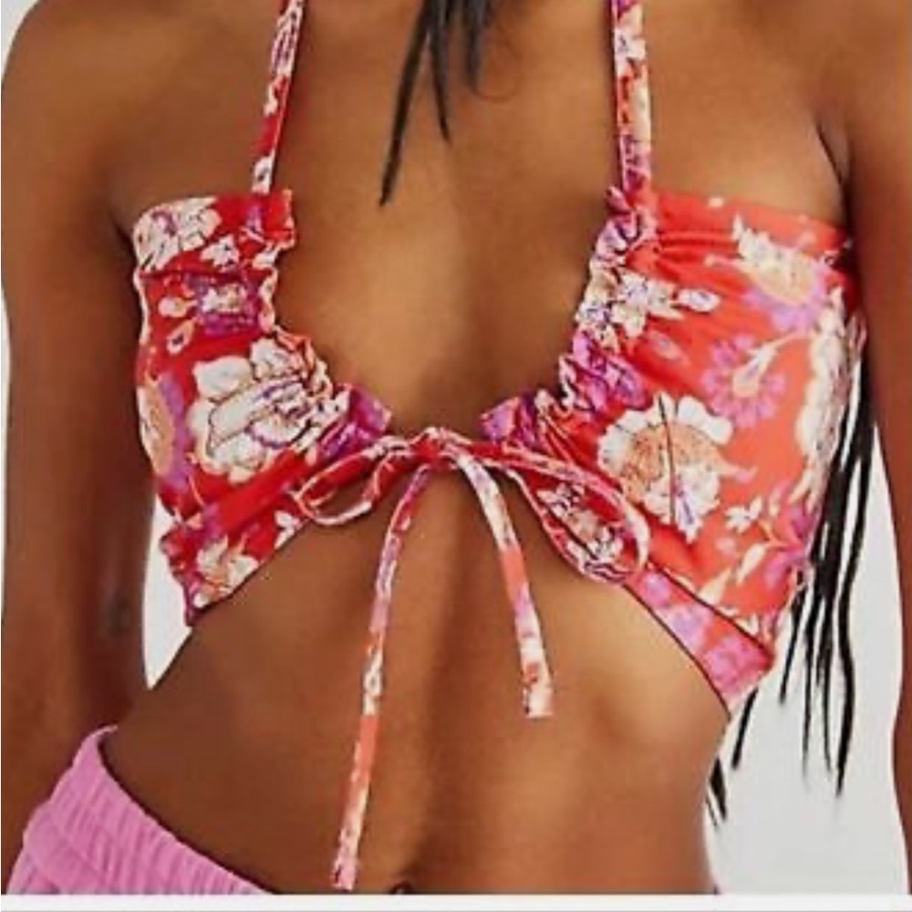 Floral Halter Crop Top in Red and Pink